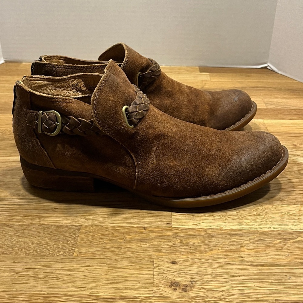Born Brown Suede w / Braided Leather Trim Sylvia Ankle Booties Boots Women’s 9.5 - Picture 6 of 16